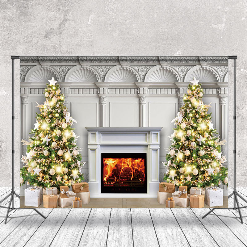 Aperturee - Aperturee White Luxury Fireplace Tree Gift Christmas Backdrop