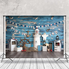 Aperturee - Aperturee Blue Wood Nautical Flag Lighthouse Cake Smash Backdrop