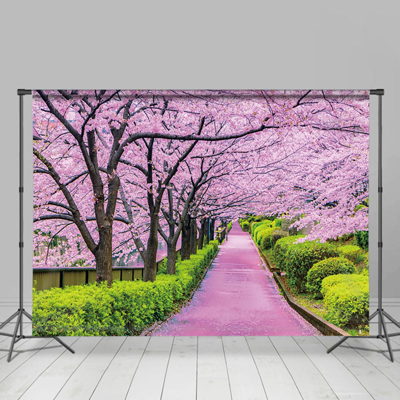 Aperturee - Aperturee Pink Sakura Garden Greenery Path Spring Backdrop