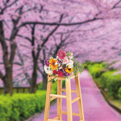 Aperturee - Aperturee Pink Sakura Garden Greenery Path Spring Backdrop