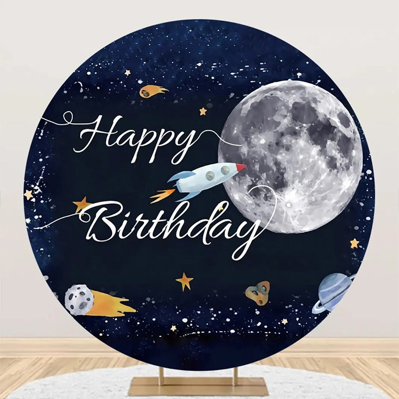 Aperturee - Rocket Stars Moon Galaxy Round Birthday Backdrop