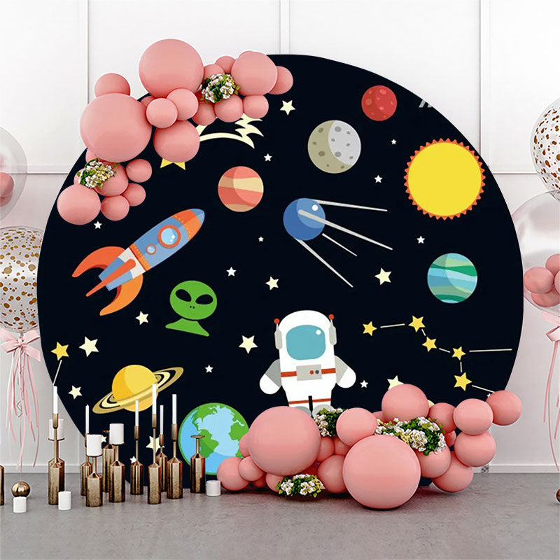 Aperturee - Black Stars Astronaut Galaxy Round Birthday Backdrop