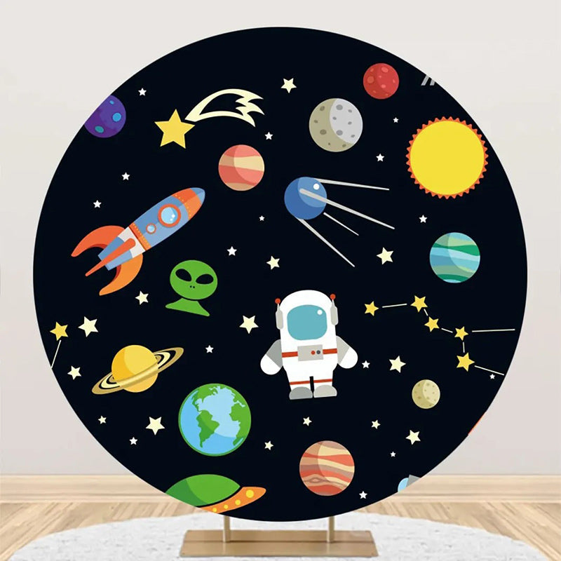 Aperturee - Black Stars Astronaut Galaxy Round Birthday Backdrop