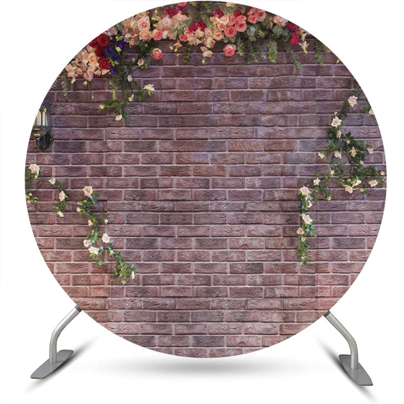 Aperturee - Floral Vintage Brick Wall Round Birthday Backdrop