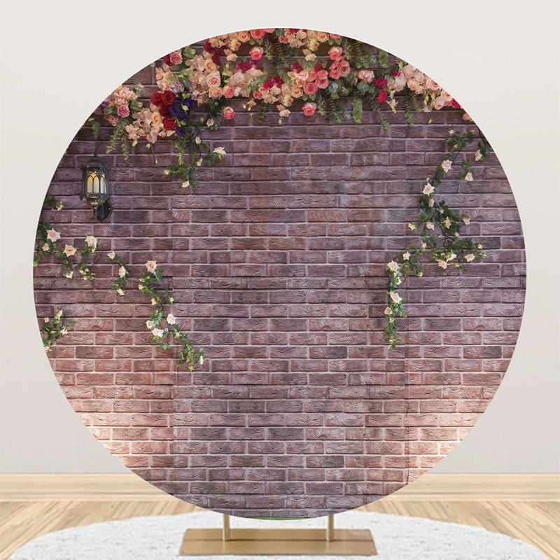 Aperturee - Floral Vintage Brick Wall Round Birthday Backdrop