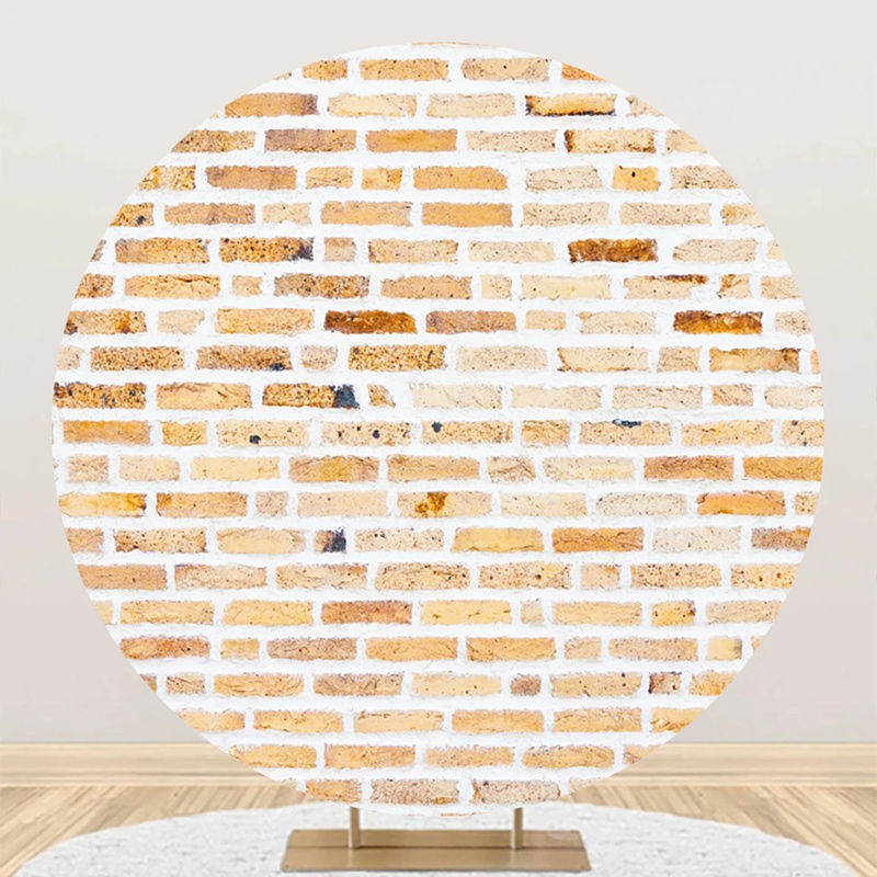 Aperturee - Light Brown Retro Brick Wall Round Birthday Backdrop