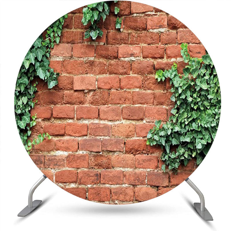 Aperturee - Retro Red Brick Wall Greenery Spring Round Backdrop