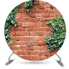 Aperturee - Retro Red Brick Wall Greenery Spring Round Backdrop