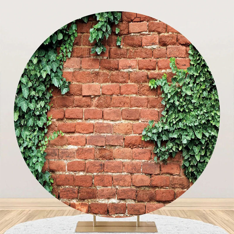 Aperturee - Retro Red Brick Wall Greenery Spring Round Backdrop