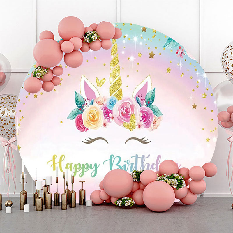 Aperturee - Gold Rainbow Unicorn Floral Round Birthday Backdrop