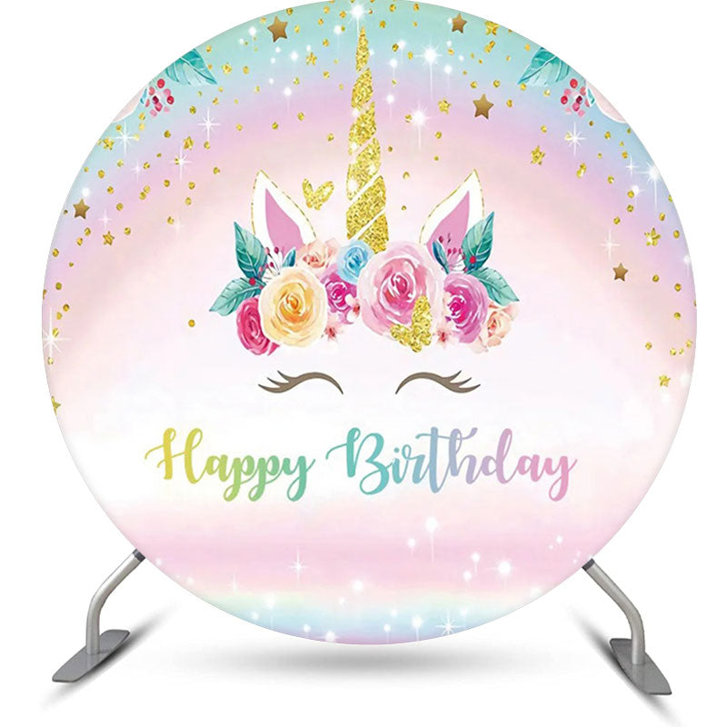 Aperturee - Gold Rainbow Unicorn Floral Round Birthday Backdrop