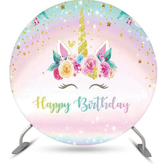 Aperturee - Gold Rainbow Unicorn Floral Round Birthday Backdrop