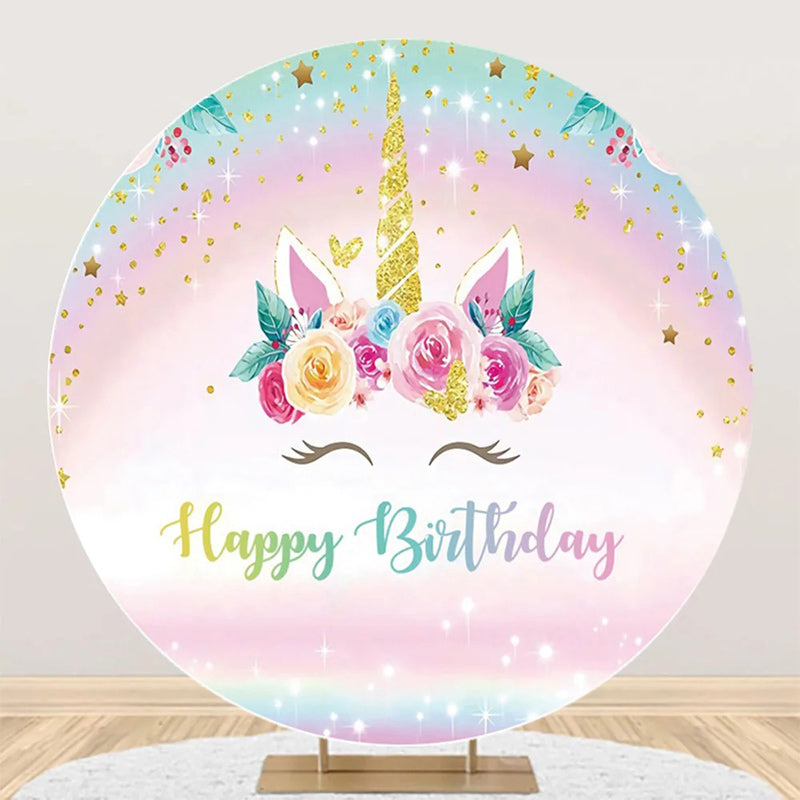 Aperturee - Gold Rainbow Unicorn Floral Round Birthday Backdrop