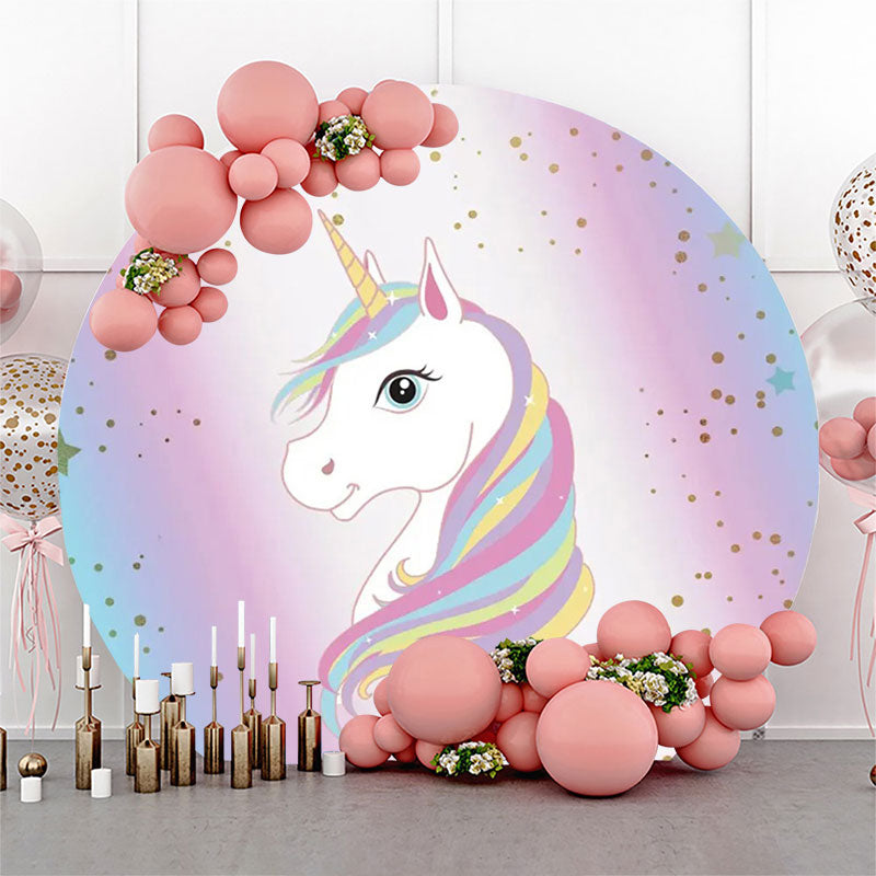 Aperturee - Colorful Unicorn Gold Round Birthday Party Backdrop