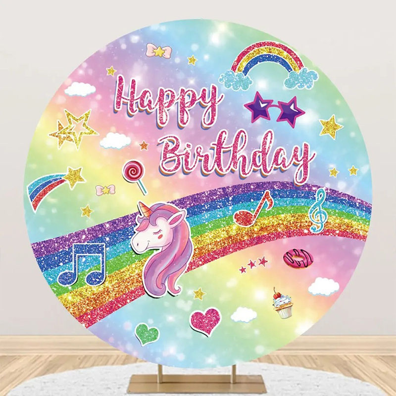 Aperturee - Colorful Rainbow Unicorn Round Birthday Backdrop