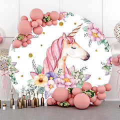 Aperturee - Unicorn Floral Leaves White Round Birthday Backdrop