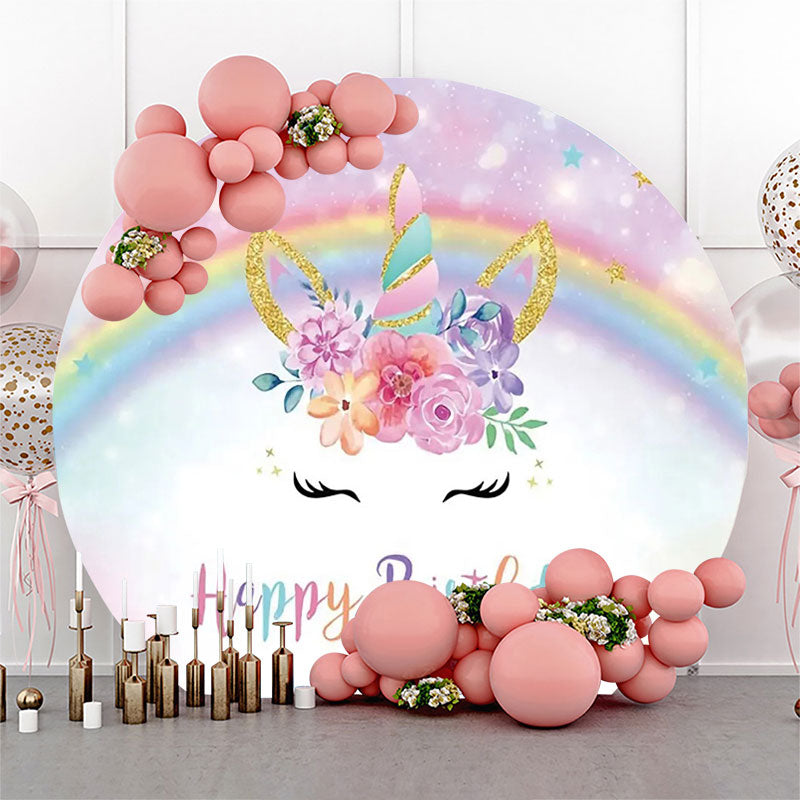 Aperturee - Round Rainbow Unicorn Floral Bokeh Birthday Backdrop