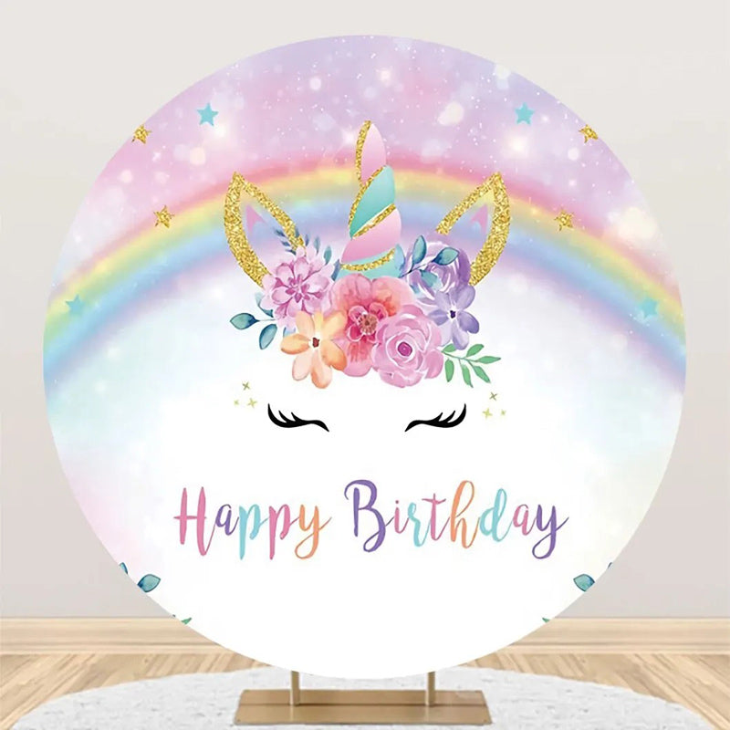 Aperturee - Round Rainbow Unicorn Floral Bokeh Birthday Backdrop