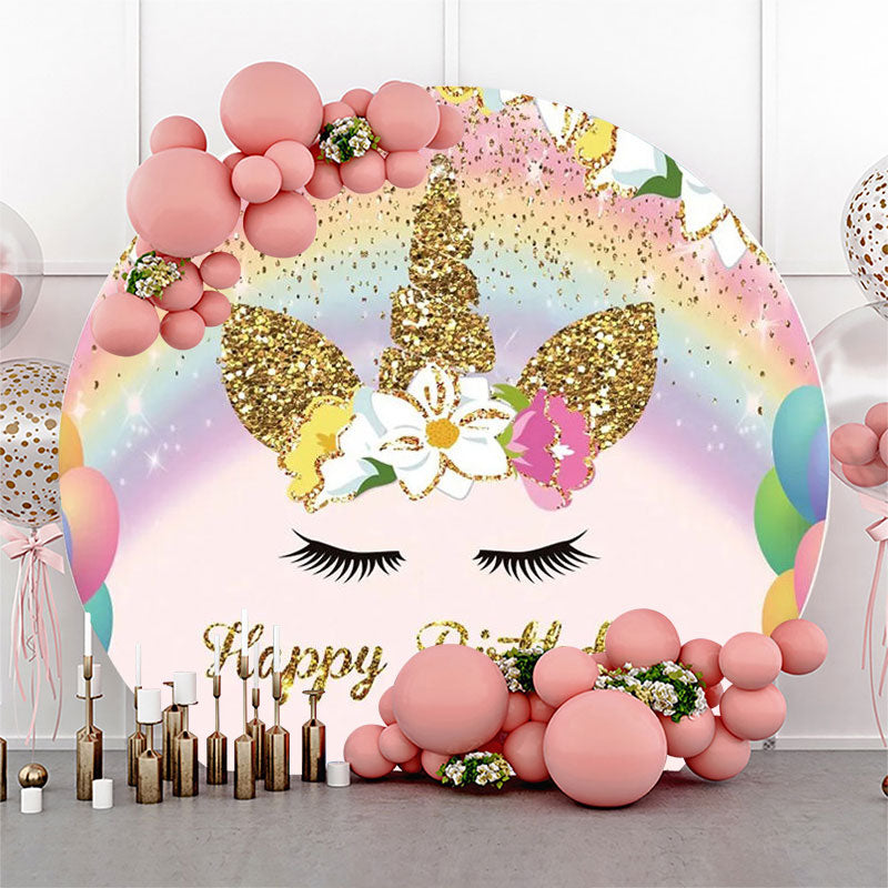 Aperturee - Gold Rainbow Unicorn Round Happy Birthday Backdrop