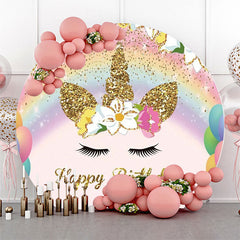 Aperturee - Gold Rainbow Unicorn Round Happy Birthday Backdrop