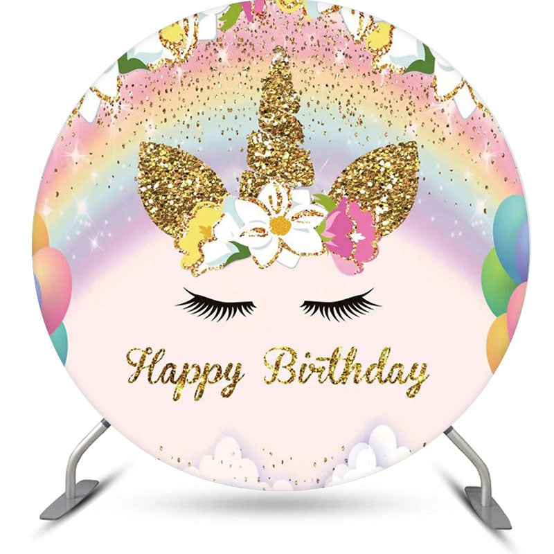 Aperturee - Gold Rainbow Unicorn Round Happy Birthday Backdrop