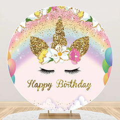 Aperturee - Gold Rainbow Unicorn Round Happy Birthday Backdrop