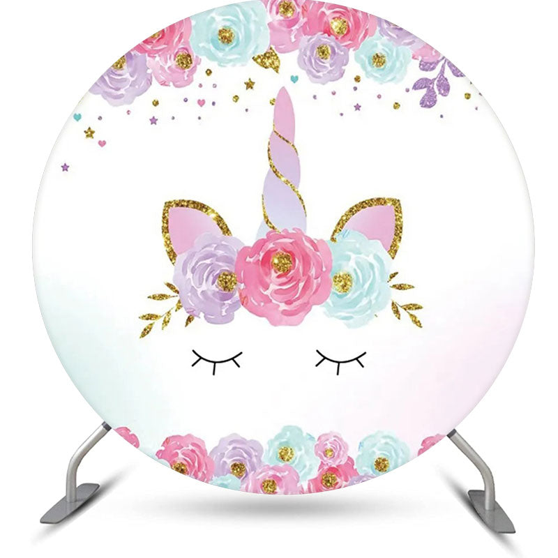 Aperturee - White Gold Unicorn Floral Round Birthday Backdrop