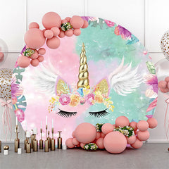 Aperturee - Pink Green Floral Monstera Round Birthday Backdrop