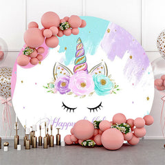 Aperturee - Unicorn Floral Oil Painting Round Birthday Backdrop