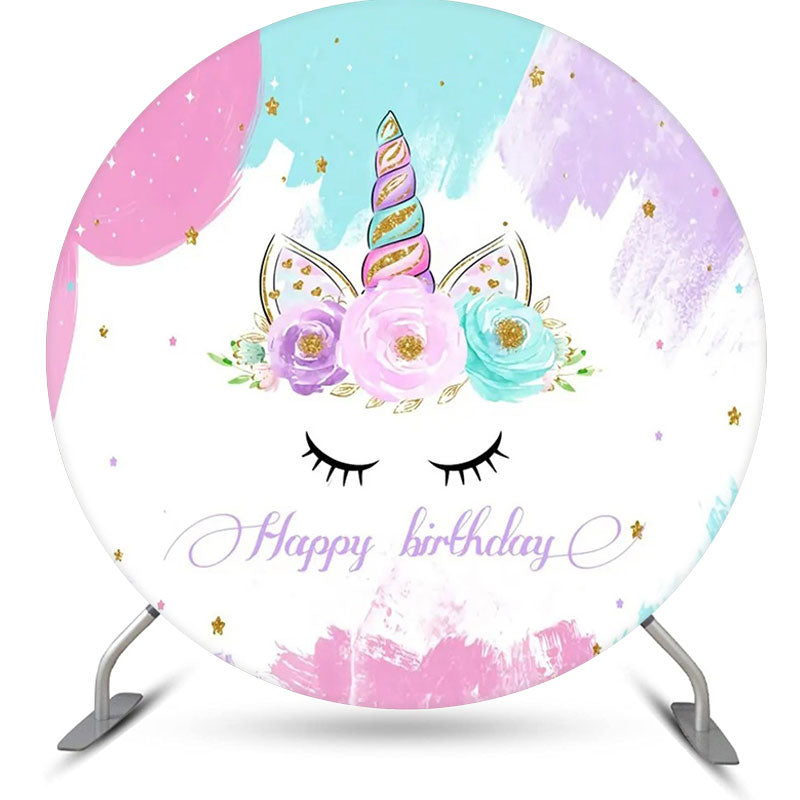 Aperturee - Unicorn Floral Oil Painting Round Birthday Backdrop