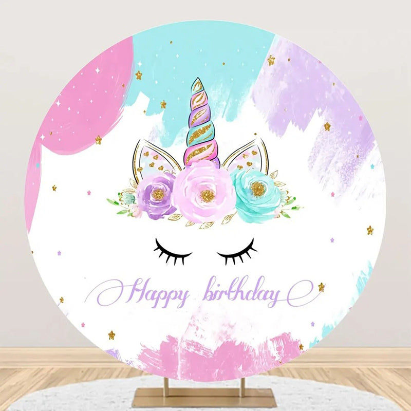 Aperturee - Unicorn Floral Oil Painting Round Birthday Backdrop