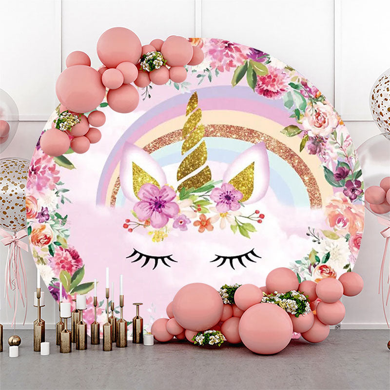 Aperturee - Pink Floral Unicorn Rainbow Round Birthday Backdrop