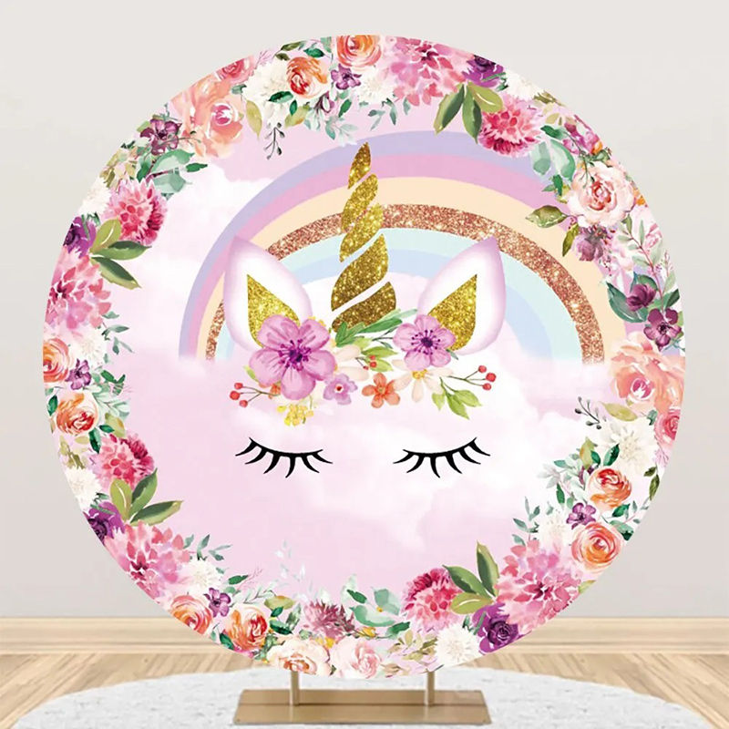 Aperturee - Pink Floral Unicorn Rainbow Round Birthday Backdrop