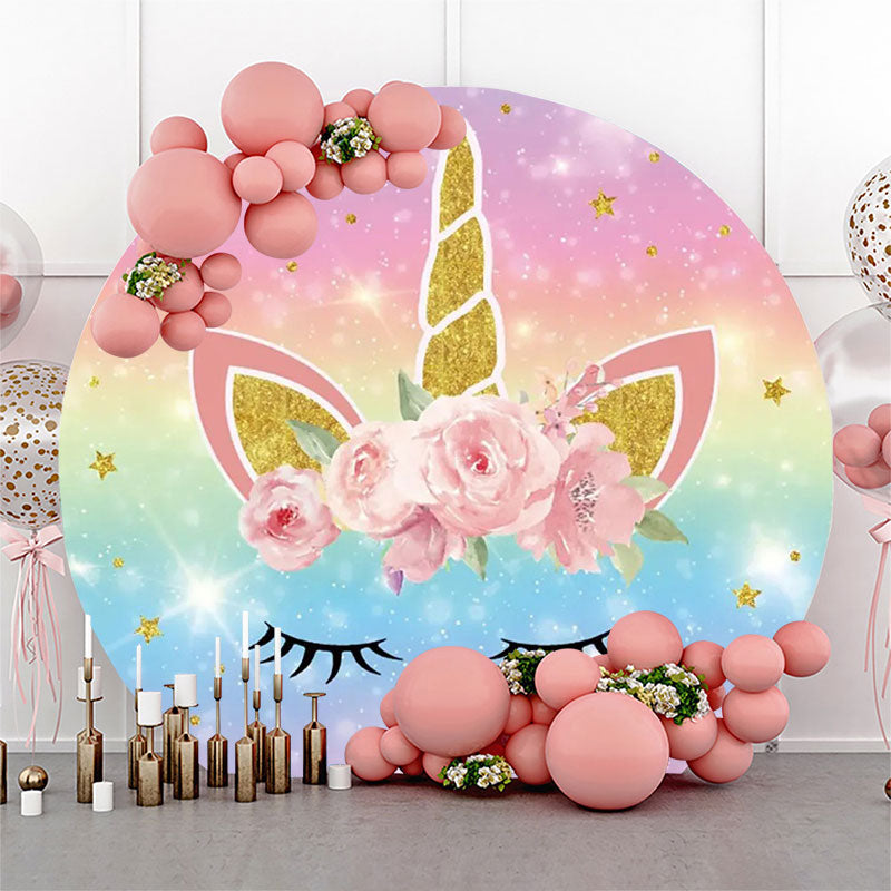 Aperturee - Rainbow Unicorn Pink Floral Round Birthday Backdrop