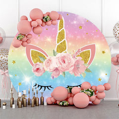 Aperturee - Rainbow Unicorn Pink Floral Round Birthday Backdrop