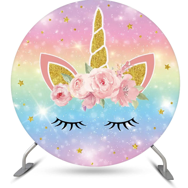 Aperturee - Rainbow Unicorn Pink Floral Round Birthday Backdrop