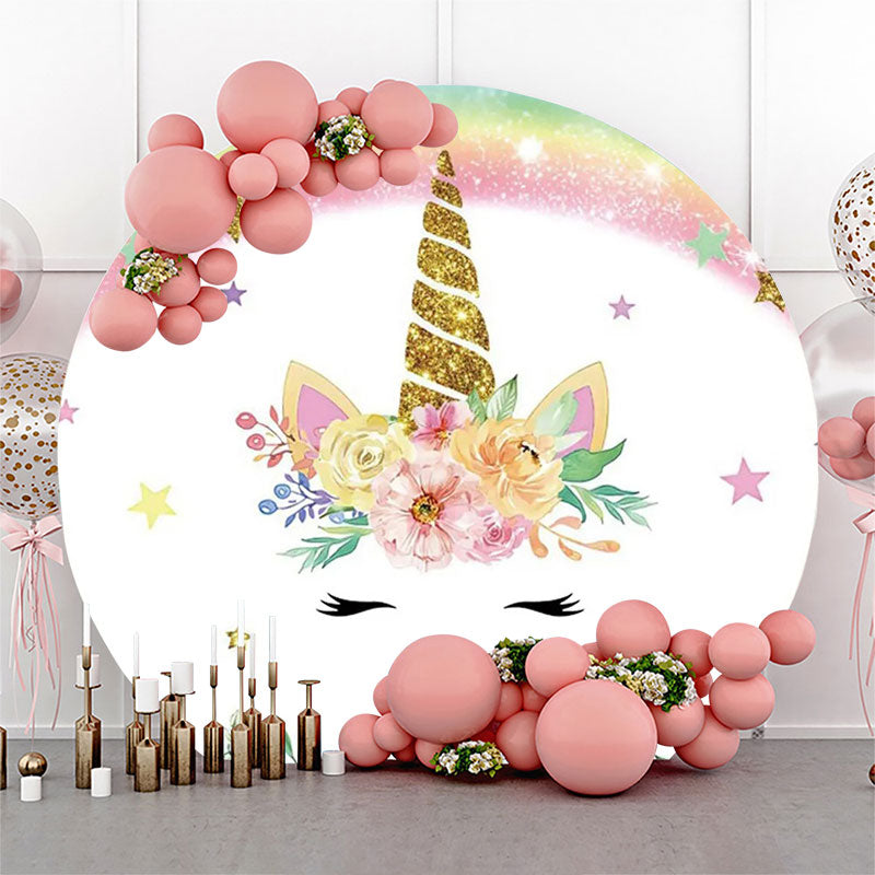 Aperturee - White Pink Unicorn Floral Round Birthday Backdrop