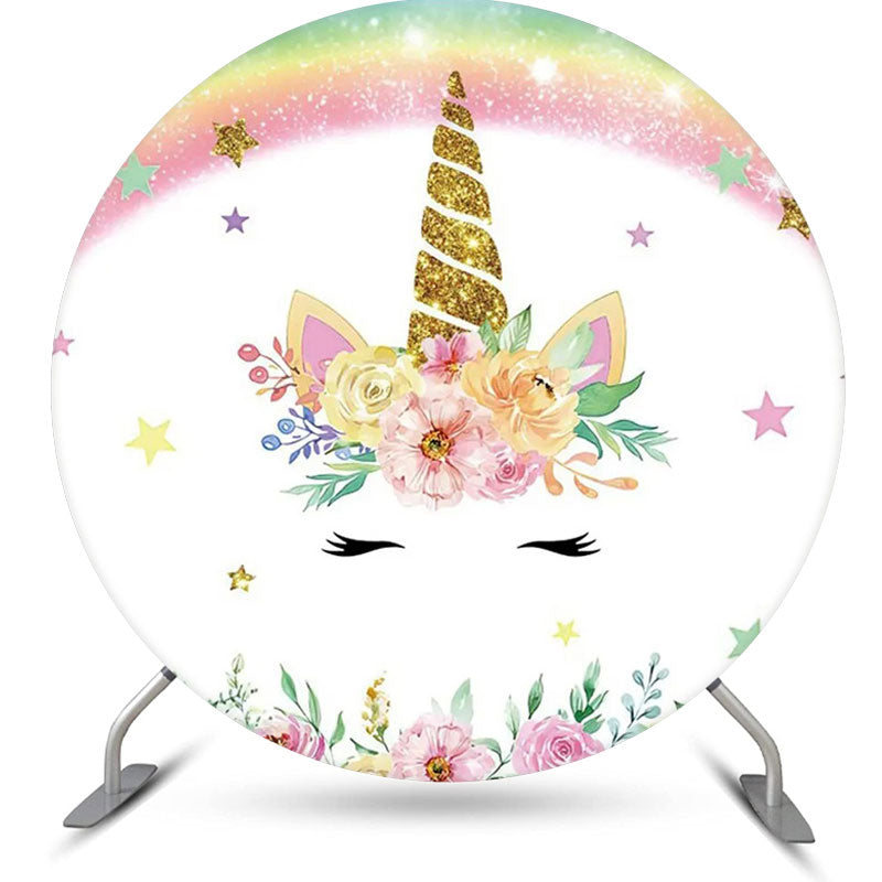 Aperturee - White Pink Unicorn Floral Round Birthday Backdrop