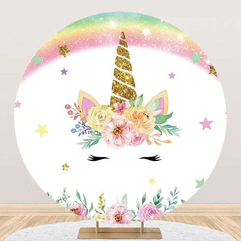 Aperturee - White Pink Unicorn Floral Round Birthday Backdrop