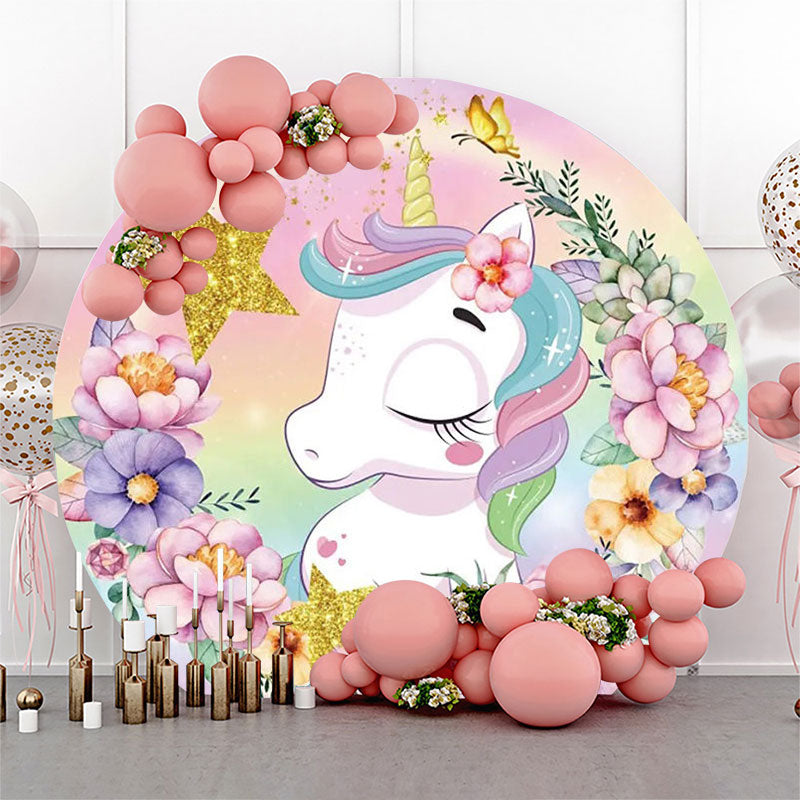 Aperturee - Rainbow Stars Floral Unicorn Round Birthday Backdrop