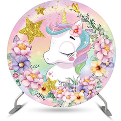 Aperturee - Rainbow Stars Floral Unicorn Round Birthday Backdrop