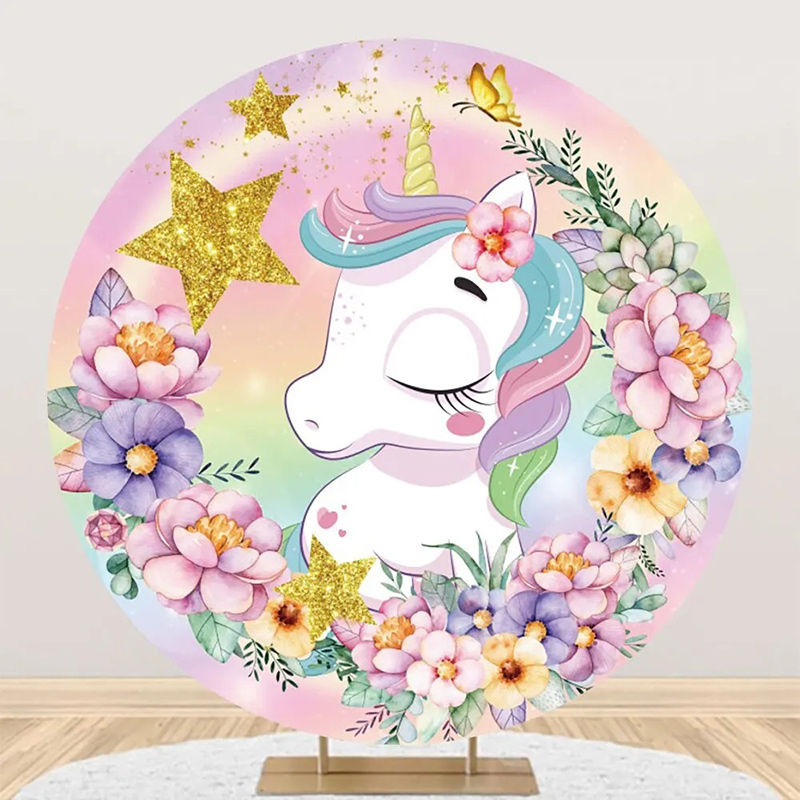 Aperturee - Rainbow Stars Floral Unicorn Round Birthday Backdrop