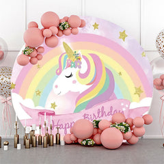 Aperturee - Rainbow Unicorn Gold Star Round Birthday Backdrop