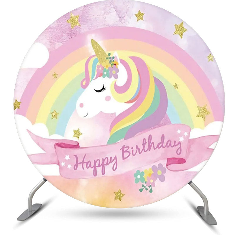 Aperturee - Rainbow Unicorn Gold Star Round Birthday Backdrop