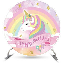 Aperturee - Rainbow Unicorn Gold Star Round Birthday Backdrop