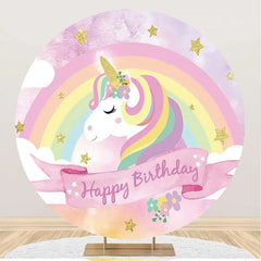 Aperturee - Rainbow Unicorn Gold Star Round Birthday Backdrop