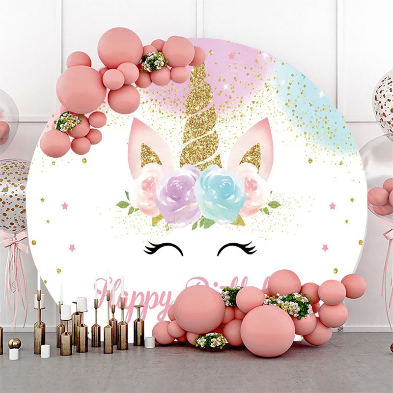 Aperturee - Round White Floral Unicorn Happy Birthday Backdrop