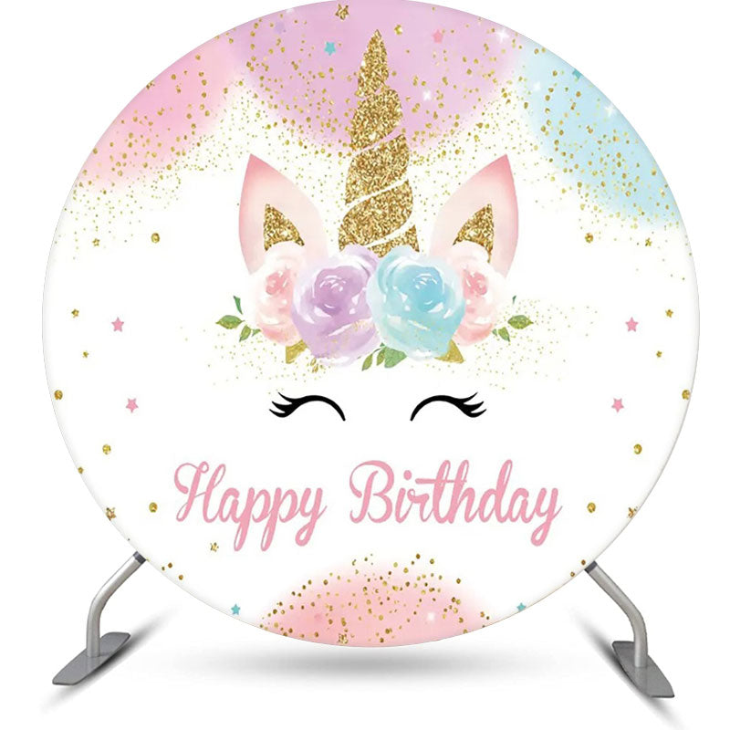 Aperturee - Round White Floral Unicorn Happy Birthday Backdrop