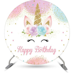 Aperturee - Round White Floral Unicorn Happy Birthday Backdrop