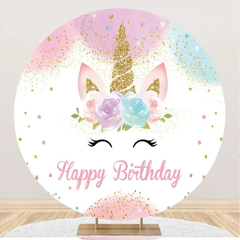 Aperturee - Round White Floral Unicorn Happy Birthday Backdrop